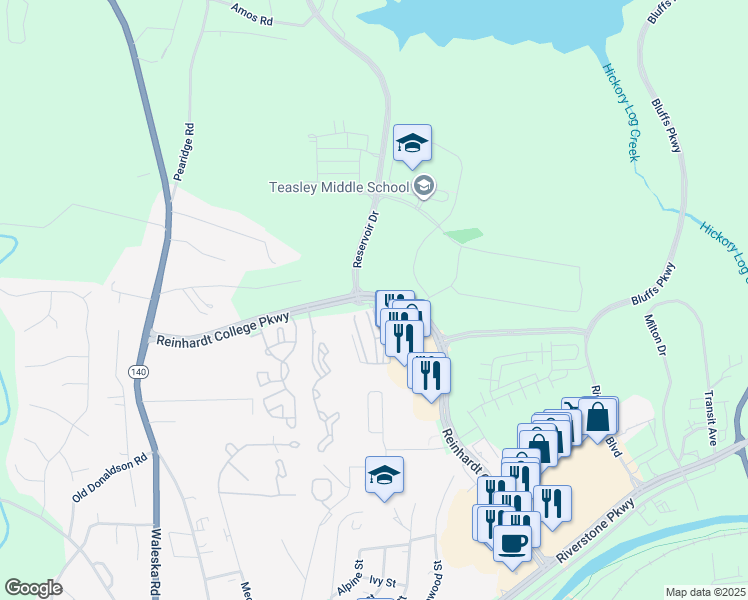 map of restaurants, bars, coffee shops, grocery stores, and more near 163 Reinhardt College Parkway in Canton
