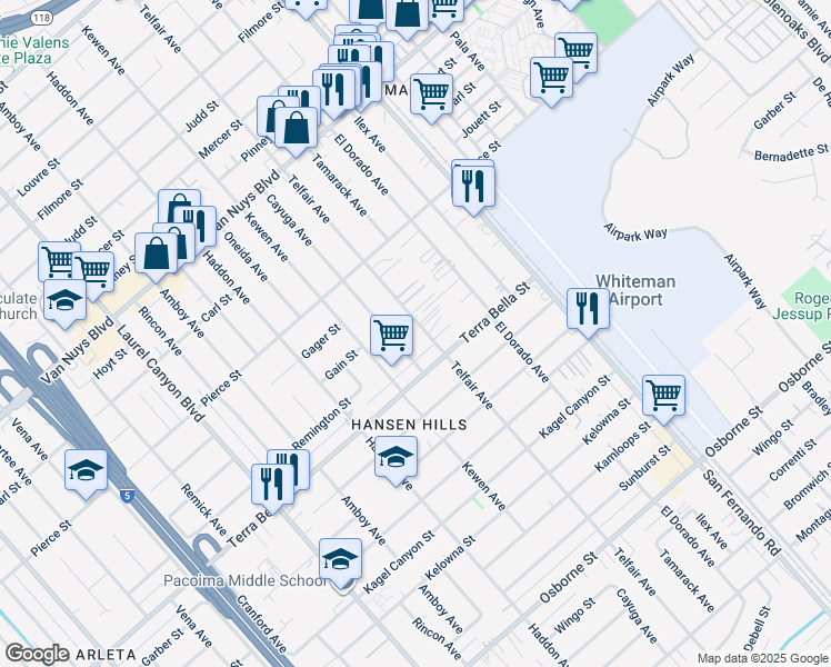 map of restaurants, bars, coffee shops, grocery stores, and more near 10343 Telfair Avenue in Los Angeles