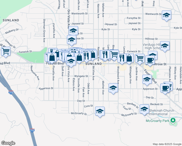 map of restaurants, bars, coffee shops, grocery stores, and more near 10415 McVine Avenue in Los Angeles