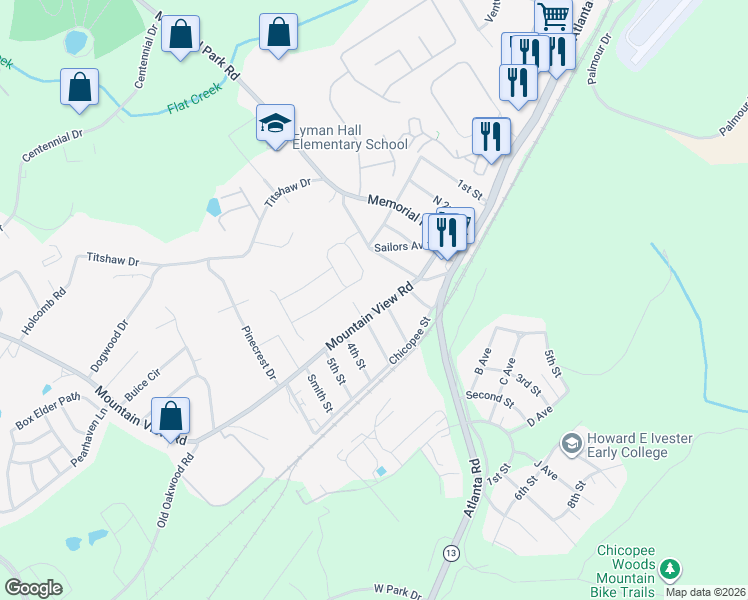 map of restaurants, bars, coffee shops, grocery stores, and more near 2130 Mountain View Road in Gainesville