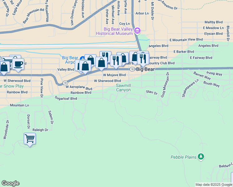map of restaurants, bars, coffee shops, grocery stores, and more near in Big Bear