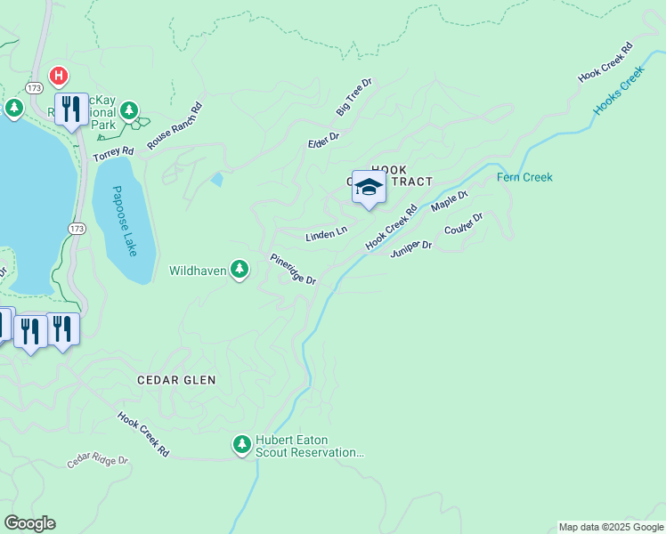 map of restaurants, bars, coffee shops, grocery stores, and more near Hook Creek Road in Lake Arrowhead
