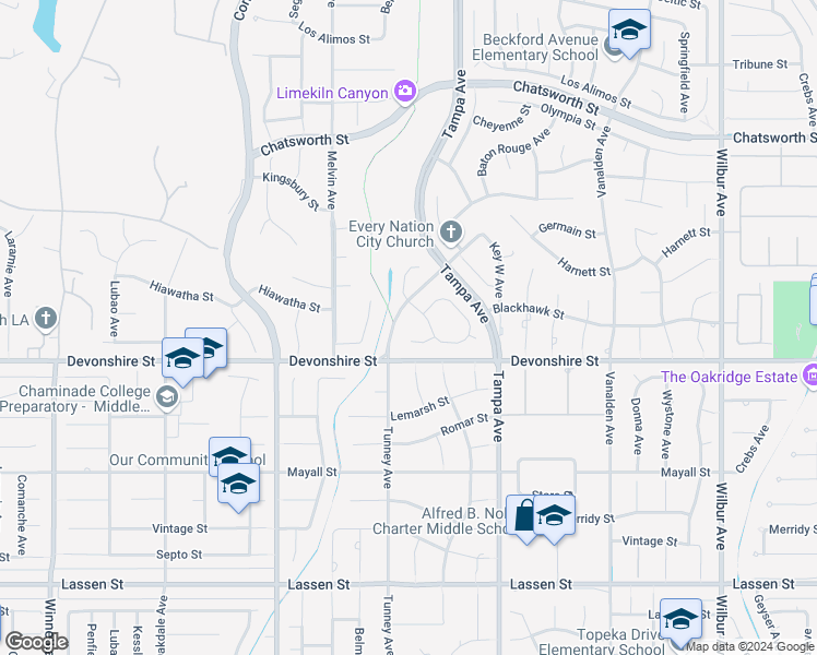 map of restaurants, bars, coffee shops, grocery stores, and more near 19435 Blackhawk Street in Los Angeles
