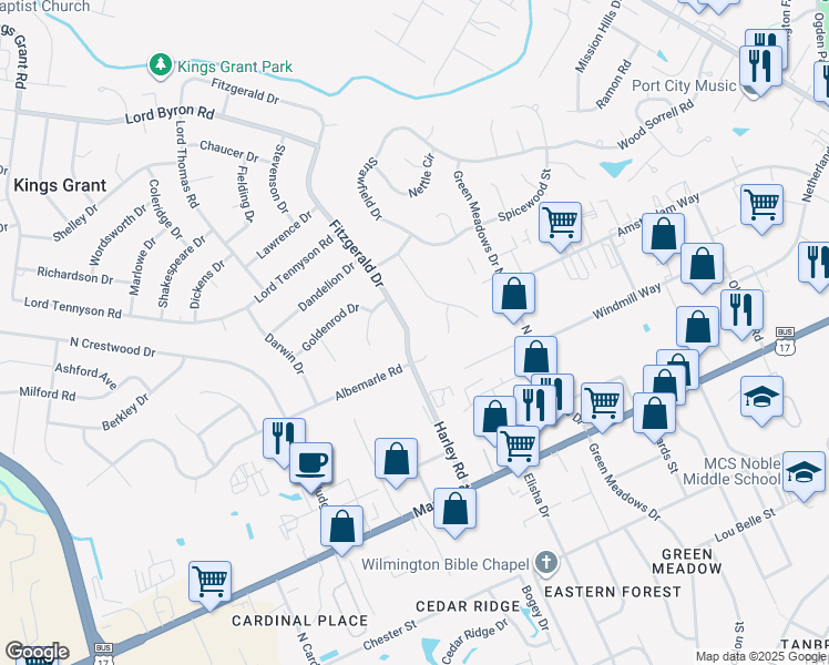 map of restaurants, bars, coffee shops, grocery stores, and more near 614 Fitzgerald Drive in Wilmington