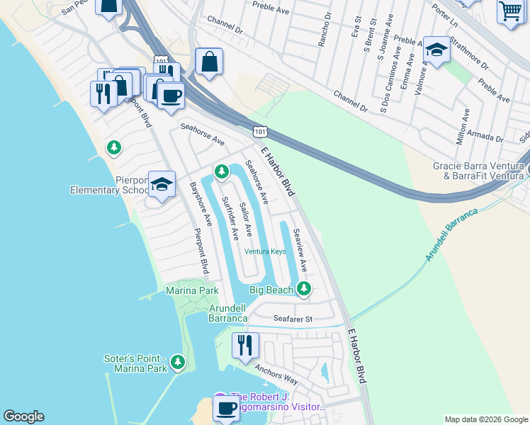 map of restaurants, bars, coffee shops, grocery stores, and more near 2851 Seahorse Avenue in Ventura