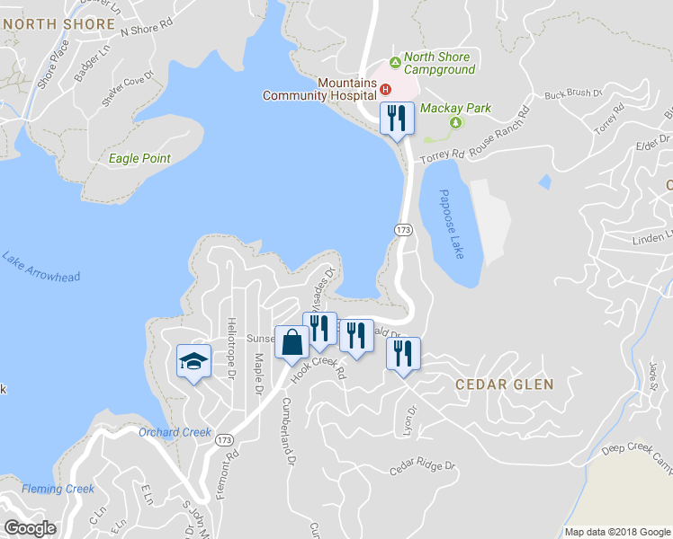 map of restaurants, bars, coffee shops, grocery stores, and more near 28940 Palisades Drive in Lake Arrowhead