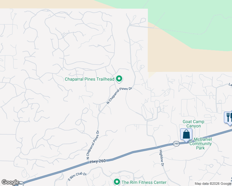 map of restaurants, bars, coffee shops, grocery stores, and more near 803 North Chaparral Pines Drive in Payson