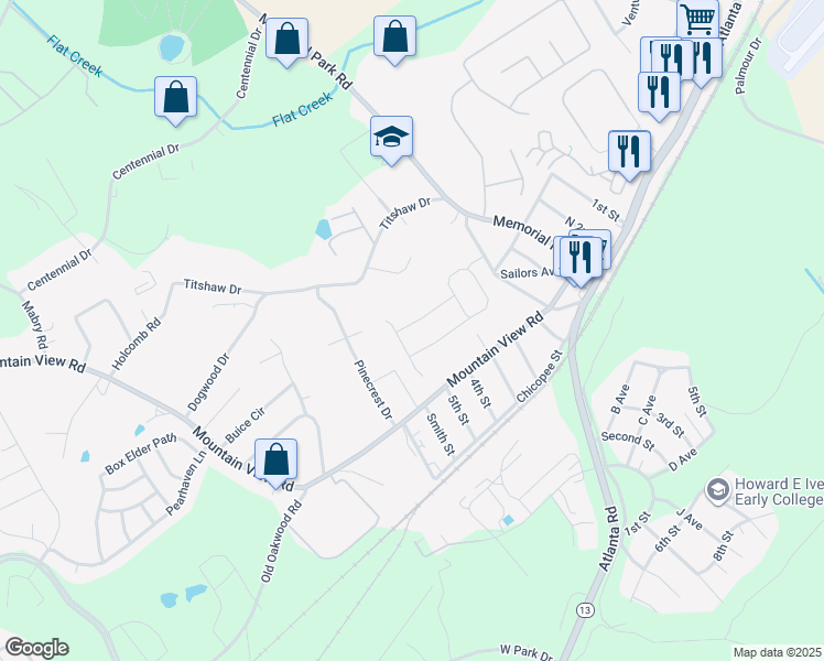 map of restaurants, bars, coffee shops, grocery stores, and more near 2372 Mountain View Road in Gainesville