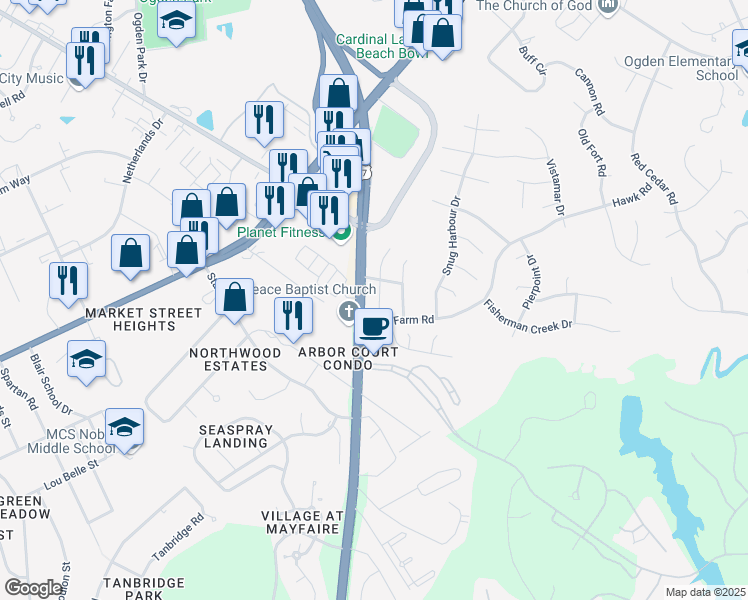 map of restaurants, bars, coffee shops, grocery stores, and more near 326 Halyard Court in Wilmington