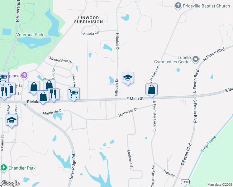 map of restaurants, bars, coffee shops, grocery stores, and more near 64 Hillsdale Drive in Tupelo