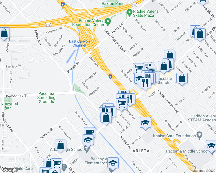 map of restaurants, bars, coffee shops, grocery stores, and more near 10342 Vena Avenue in Los Angeles