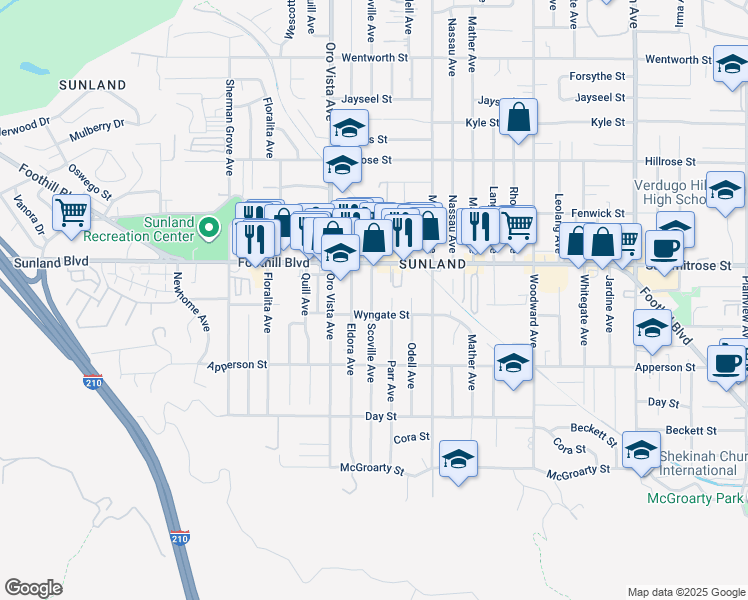 map of restaurants, bars, coffee shops, grocery stores, and more near 10423 Scoville Avenue in Los Angeles