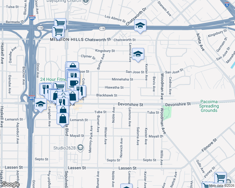 map of restaurants, bars, coffee shops, grocery stores, and more near 15101 Blackhawk Street in Los Angeles