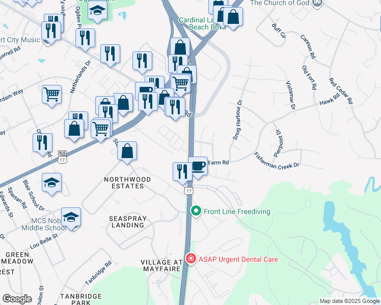 map of restaurants, bars, coffee shops, grocery stores, and more near 326 Halyard Court in Wilmington