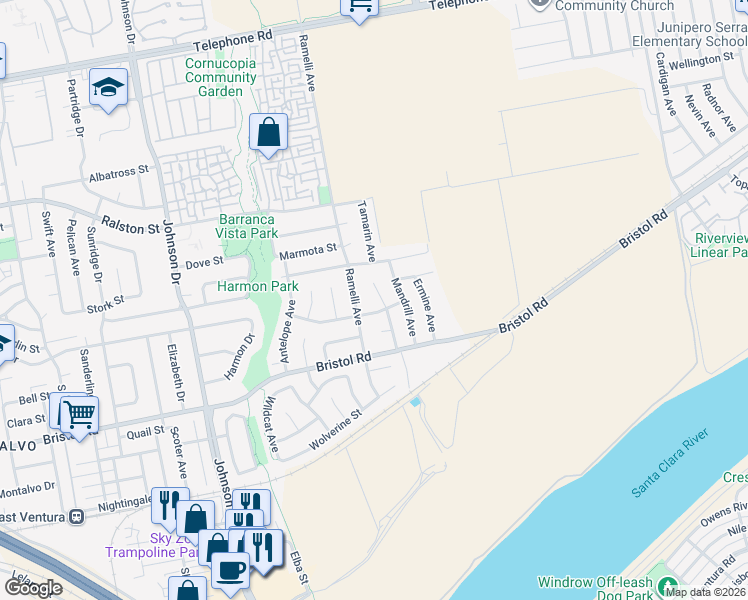 map of restaurants, bars, coffee shops, grocery stores, and more near 2087 Airedale Avenue in Ventura