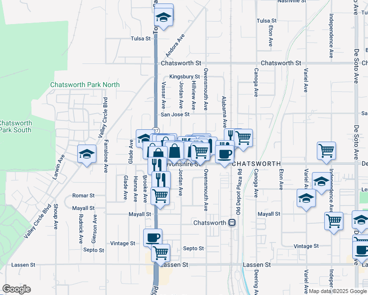 map of restaurants, bars, coffee shops, grocery stores, and more near 10336 Jordan Avenue in Los Angeles