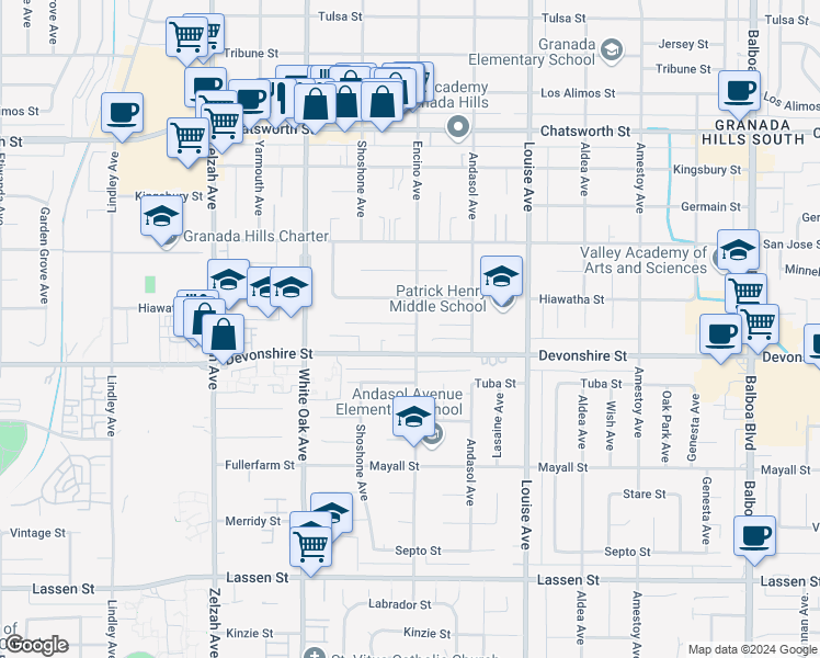 map of restaurants, bars, coffee shops, grocery stores, and more near 17500 Blackhawk Street in Los Angeles