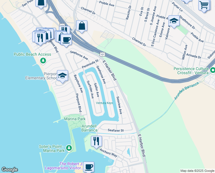 map of restaurants, bars, coffee shops, grocery stores, and more near 997 Oyster Street in Ventura