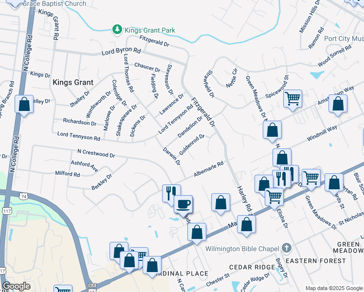 map of restaurants, bars, coffee shops, grocery stores, and more near 5307 Goldenrod Drive in Wilmington