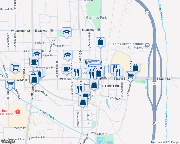 map of restaurants, bars, coffee shops, grocery stores, and more near 219 North Broadway Street in Tupelo