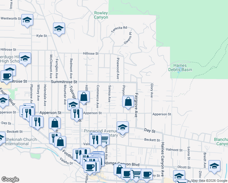map of restaurants, bars, coffee shops, grocery stores, and more near 10419 Samoa Avenue in Los Angeles