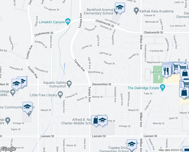 map of restaurants, bars, coffee shops, grocery stores, and more near 10335 Sylvia Avenue in Los Angeles