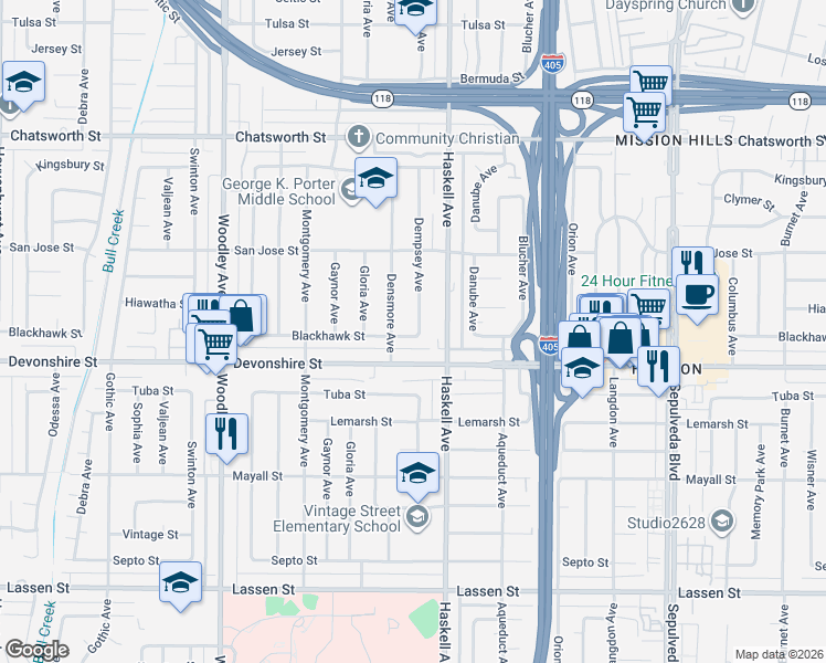 map of restaurants, bars, coffee shops, grocery stores, and more near 15833 Blackhawk Street in Los Angeles