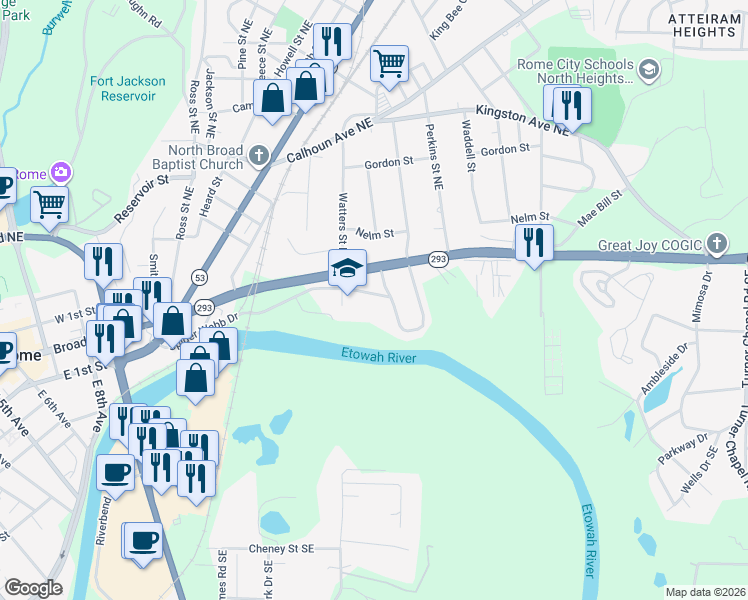map of restaurants, bars, coffee shops, grocery stores, and more near 1162 Spider Webb Drive in Rome