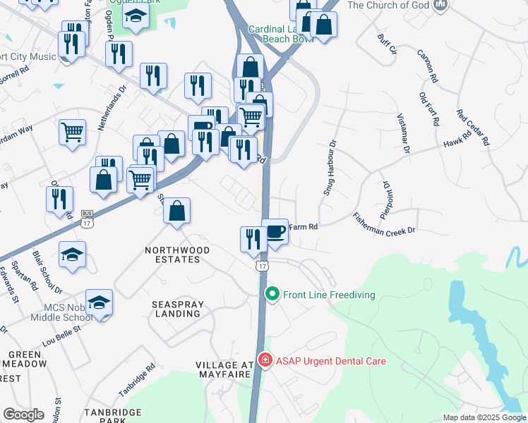 map of restaurants, bars, coffee shops, grocery stores, and more near 200 Military Cutoff Road in Wilmington