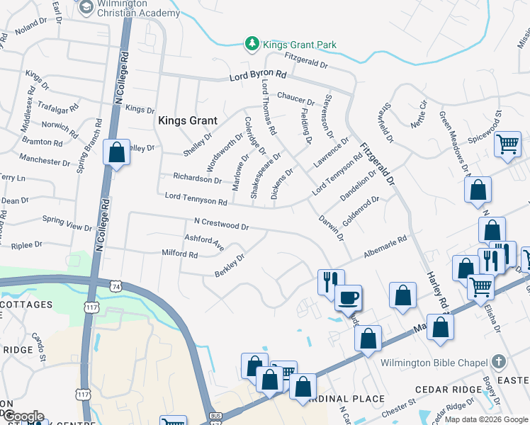 map of restaurants, bars, coffee shops, grocery stores, and more near 5128 Lord Tennyson Road in Wilmington