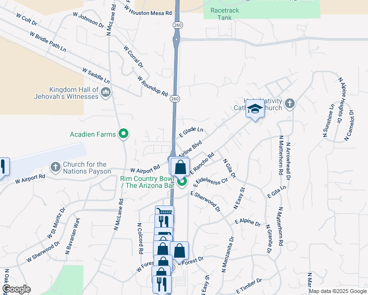 map of restaurants, bars, coffee shops, grocery stores, and more near 200 Airline Boulevard in Payson