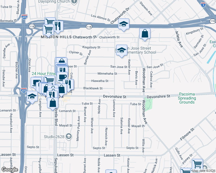 map of restaurants, bars, coffee shops, grocery stores, and more near 15023 Blackhawk Street in Los Angeles