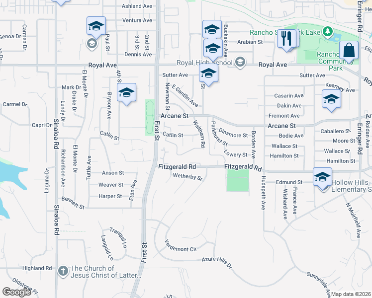 map of restaurants, bars, coffee shops, grocery stores, and more near 1106 Catlin Court in Simi Valley