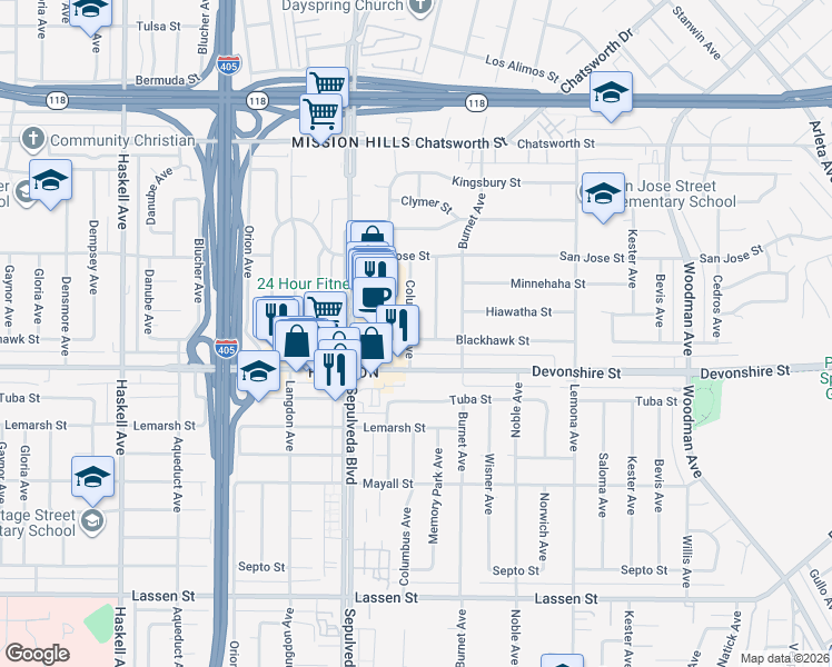 map of restaurants, bars, coffee shops, grocery stores, and more near 10330 Columbus Avenue in Los Angeles
