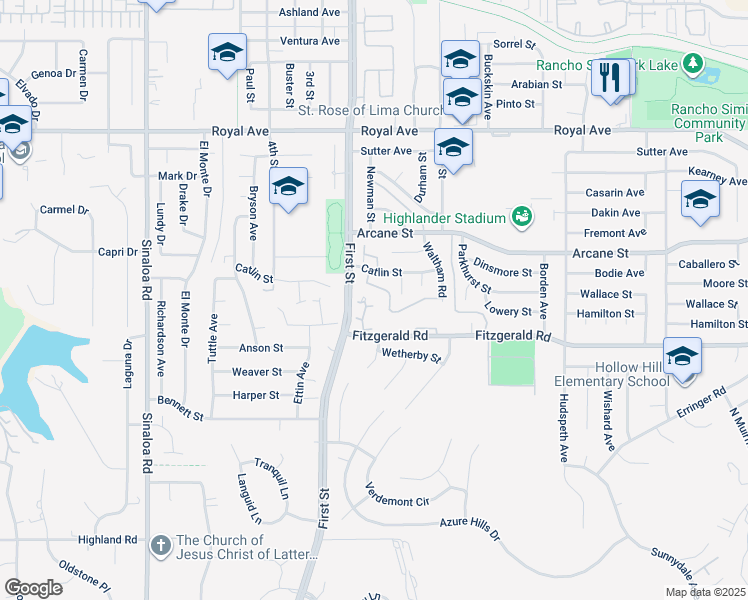 map of restaurants, bars, coffee shops, grocery stores, and more near 1165 Fitzgerald Road in Simi Valley