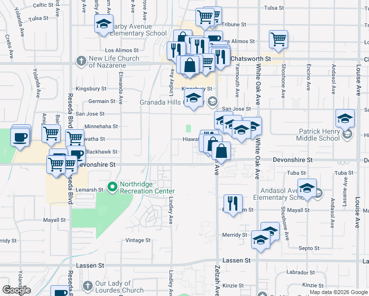 map of restaurants, bars, coffee shops, grocery stores, and more near 18012 Hiawatha Street in Los Angeles