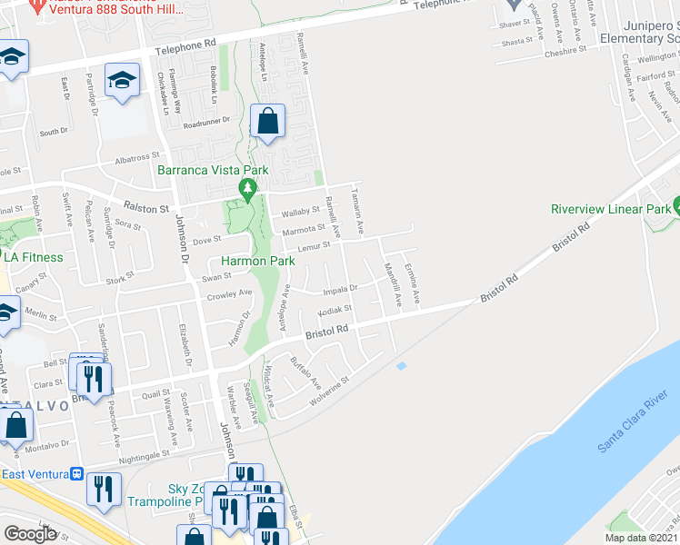 map of restaurants, bars, coffee shops, grocery stores, and more near 2063 Ramelli Avenue in Ventura