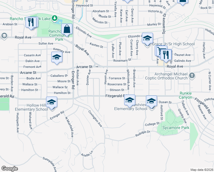 map of restaurants, bars, coffee shops, grocery stores, and more near 2106 Rosecrans Street in Simi Valley