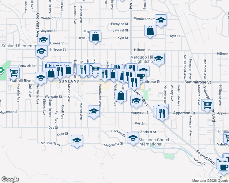 map of restaurants, bars, coffee shops, grocery stores, and more near 10425 Whitegate Avenue in Los Angeles