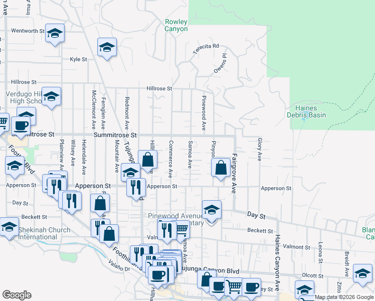 map of restaurants, bars, coffee shops, grocery stores, and more near 10419 Samoa Avenue in Los Angeles