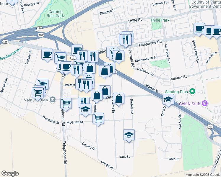 map of restaurants, bars, coffee shops, grocery stores, and more near 1603 Palma Drive in Ventura