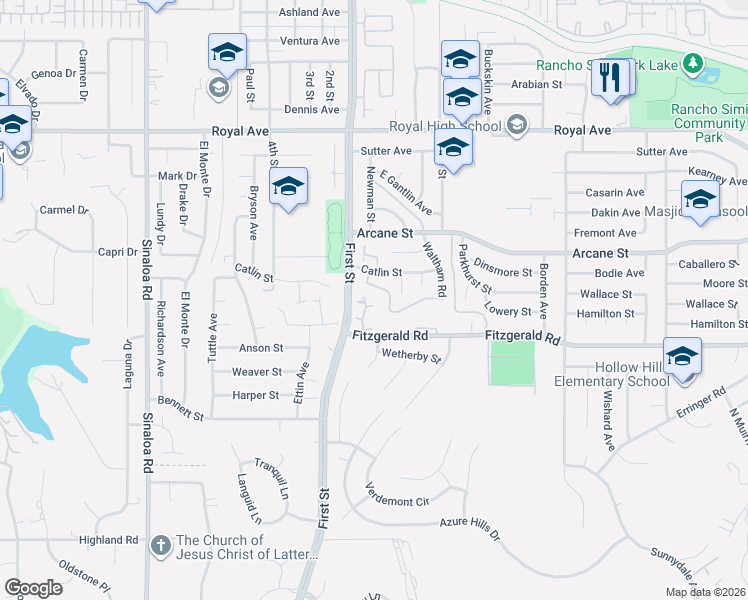 map of restaurants, bars, coffee shops, grocery stores, and more near 1165 Fitzgerald Road in Simi Valley