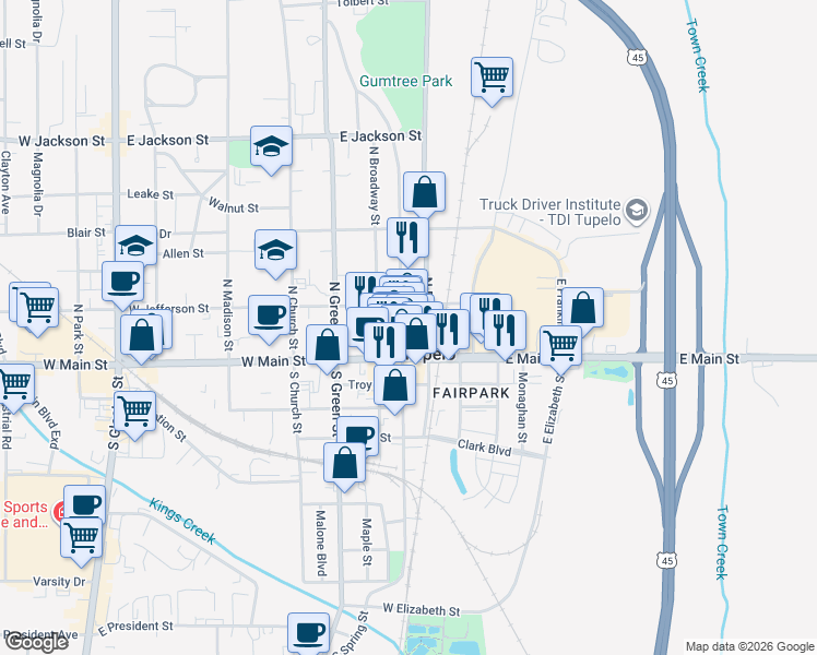 map of restaurants, bars, coffee shops, grocery stores, and more near 202 North Spring Street in Tupelo