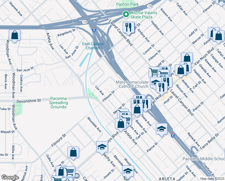 map of restaurants, bars, coffee shops, grocery stores, and more near 10341 Patrick Avenue in Los Angeles