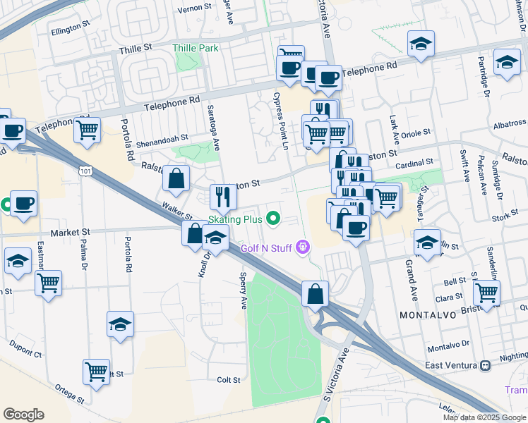 map of restaurants, bars, coffee shops, grocery stores, and more near 1620 Mesa Verde Avenue in Ventura