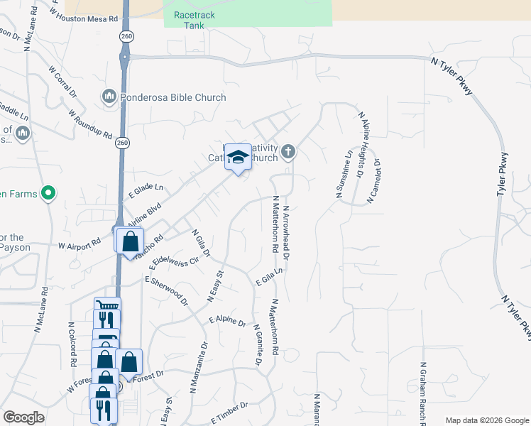 map of restaurants, bars, coffee shops, grocery stores, and more near 1301 North William Tell Circle in Payson