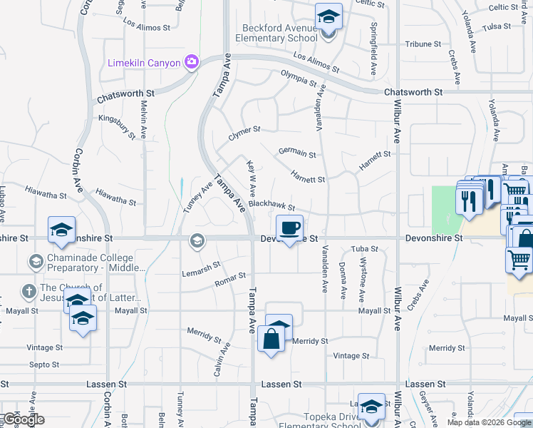 map of restaurants, bars, coffee shops, grocery stores, and more near 10335 Sylvia Avenue in Los Angeles