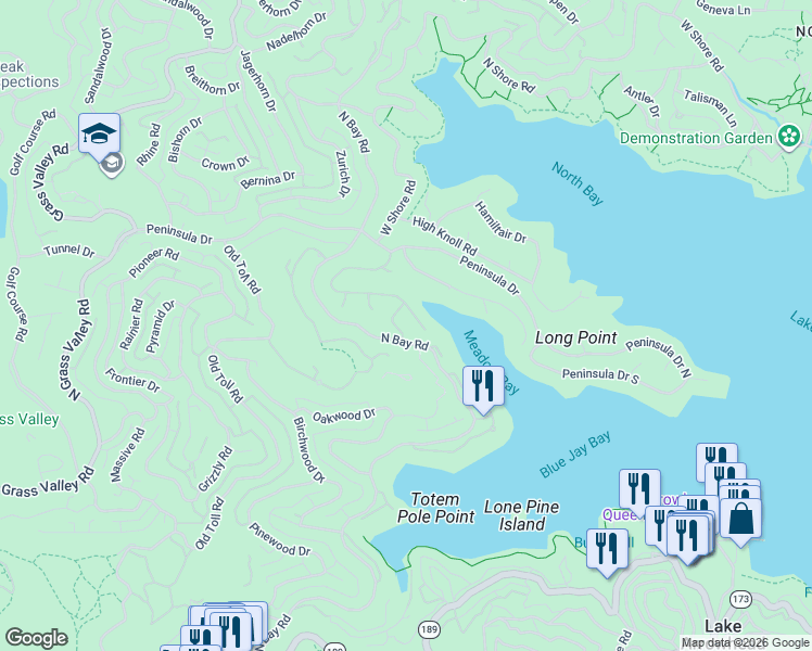 map of restaurants, bars, coffee shops, grocery stores, and more near 447 Bay View Drive in Lake Arrowhead