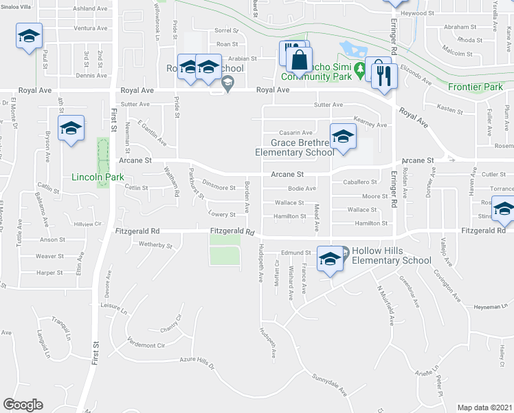 map of restaurants, bars, coffee shops, grocery stores, and more near 1077 Hudspeth Avenue in Simi Valley