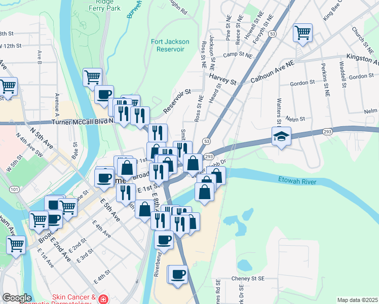 map of restaurants, bars, coffee shops, grocery stores, and more near 7 Ross Street Northeast in Rome